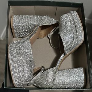 Shimmering Silver Rhinestone Platform Heels Size 8